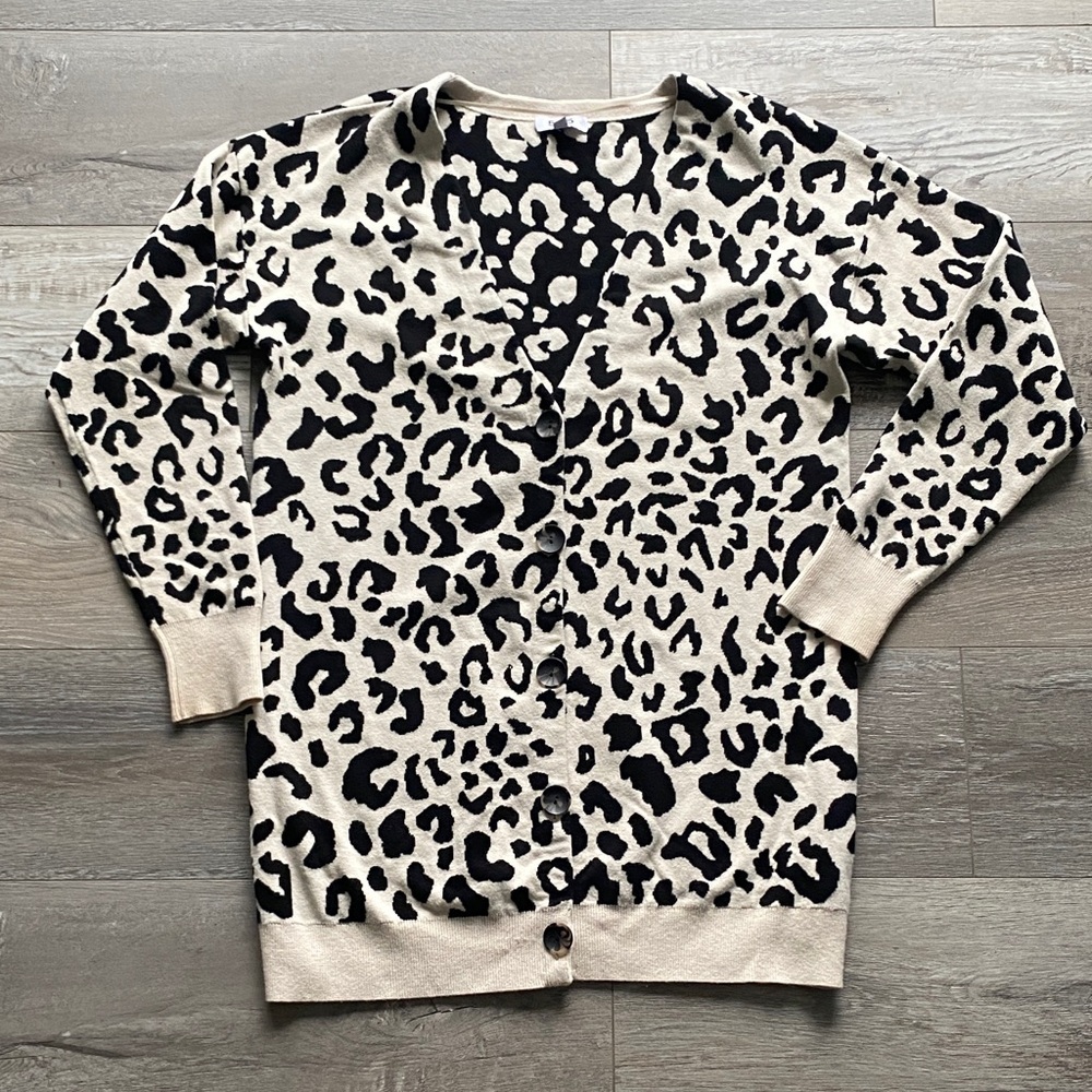 525 America Leopard Print Button-Front Cardigan Womens Sz MD Black and Cream